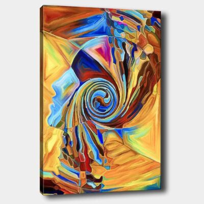 Canvastavla 70x100 cm - Abstrakt skulptur som föreställer en spiralformad ansiktsprofil i varma färger - Orange / Blå / Brun