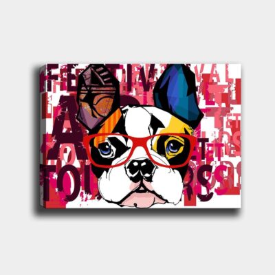 Canvastavla 70x100 cm - Färgglad fransk bulldog med glasögon och lekfulla detaljer - Vit / Svart / Röd