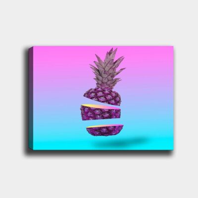 Canvastavla 70x100 cm - Stiliserad ananas som är skuren i tre delar med en färgglad bakgrund - Lila / Gul / Turkos