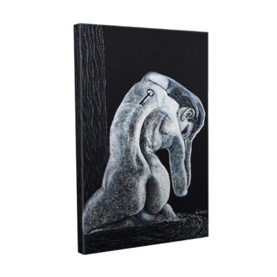 Canvastavla - Abstrakt skulptur av en sittande figur med en nyckel på ryggen - Svart / Grå / Vit