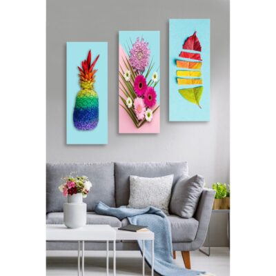 Canvastavla i trä 3-delar 50x70 cm - Färgglad ananas med regnbågsfärger - Grön / Blå / Röd