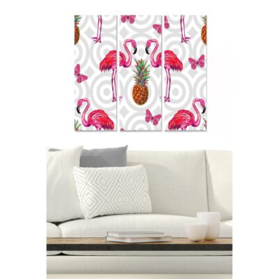 Canvastavla i trä 3-delar 50x70 cm - Färgglada flamingos med ananas och fjärilar - Rosa / Grön / Gul