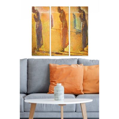 Canvastavla i trä 3-delar 50x70 cm - Tre skulpturer i dämpade färger som står i en reflekterande miljö - Guld / Blå / Brun