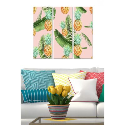 Canvastavla i trä 3-delar 50x70 cm - Tropisk komposition med ananas och gröna blad - Gul / Grön / Rosa