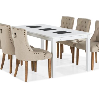 Jasmin Matgrupp Vit med 6 st Viktoria Fåtöljer - Beige/Vintageben