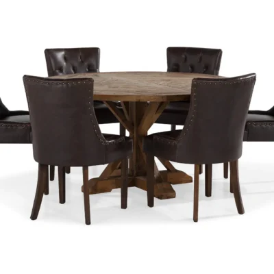 Lyon Matgrupp 150 cm Rund Mörkt trä med 6 Tuva Stolar - Vintage Alm / Brun Pu